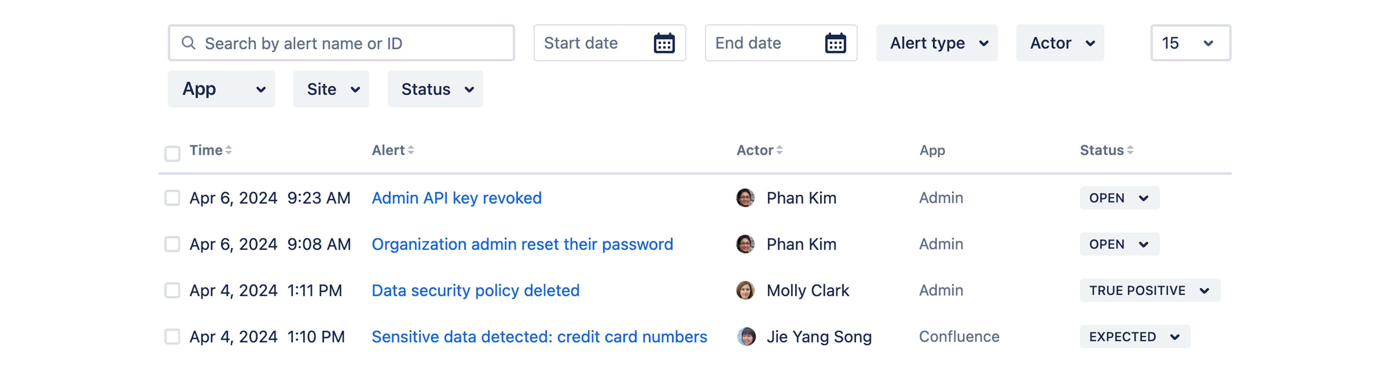Alerts list showing four example alerts.