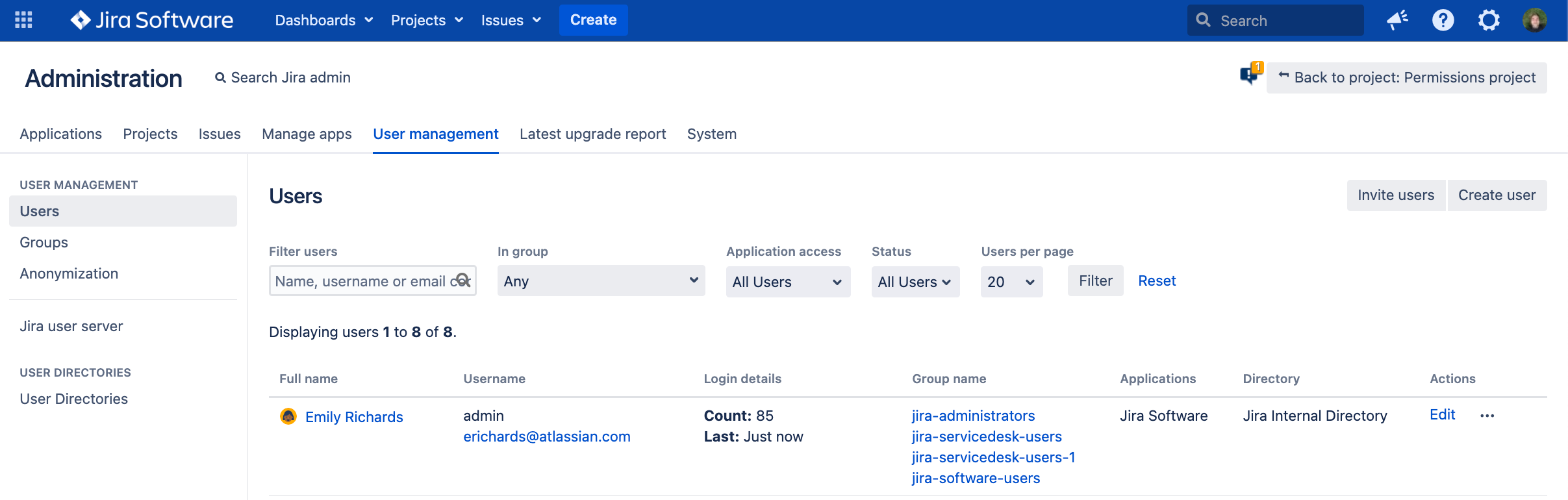 Users view in Jira Data Center