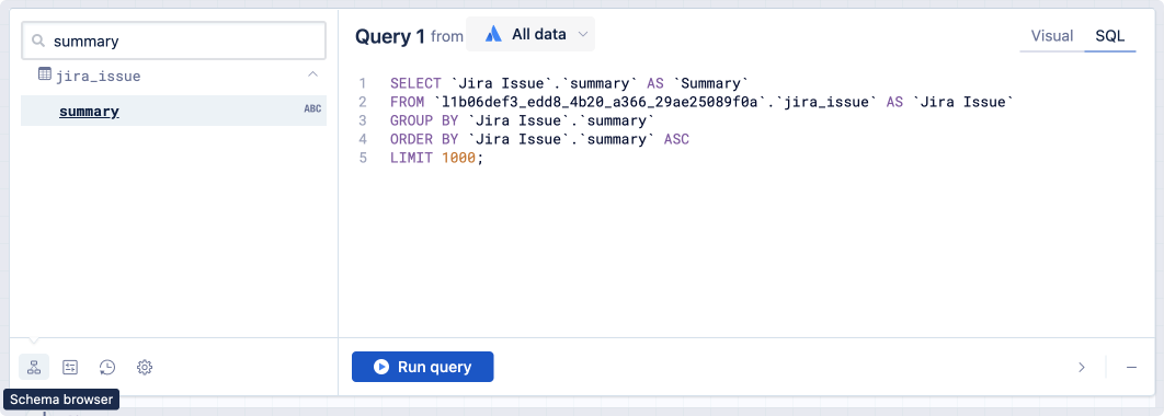 Searching for 'summary' in the schema browser of a SQL mode query.