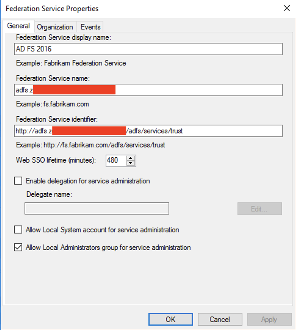 Federation Service Properties screen on the General tab. Includes Federation Service display name, name, and identifier 