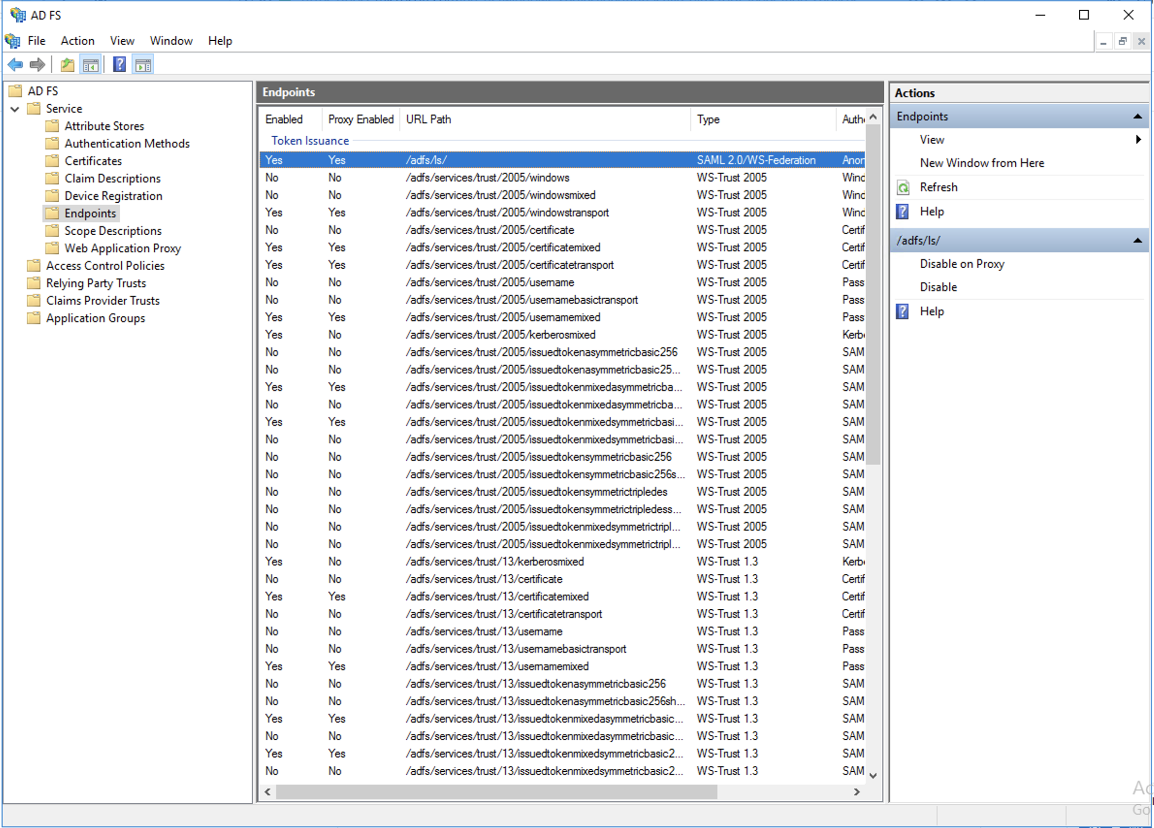 A screen of all the endpoints under the AD FS service directory, including the SAML 2.0/WS-Federation type