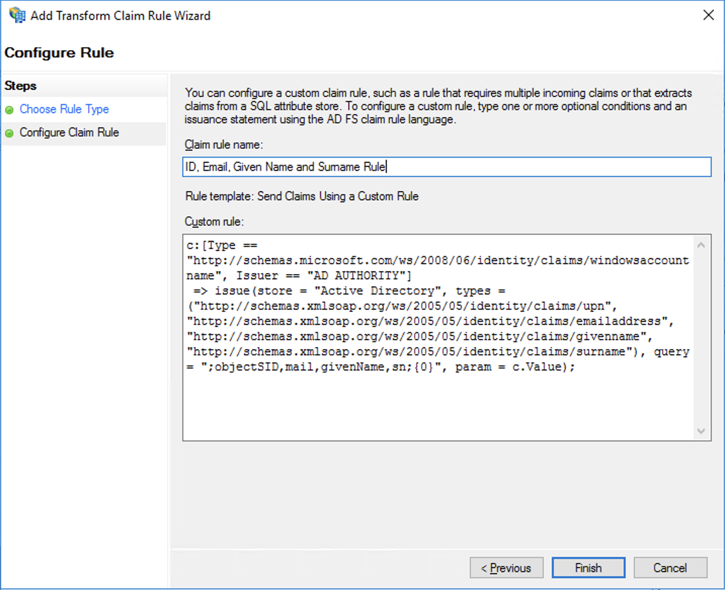 Add transform claim rule wizard, select rule template tab, configure claim rule stepep