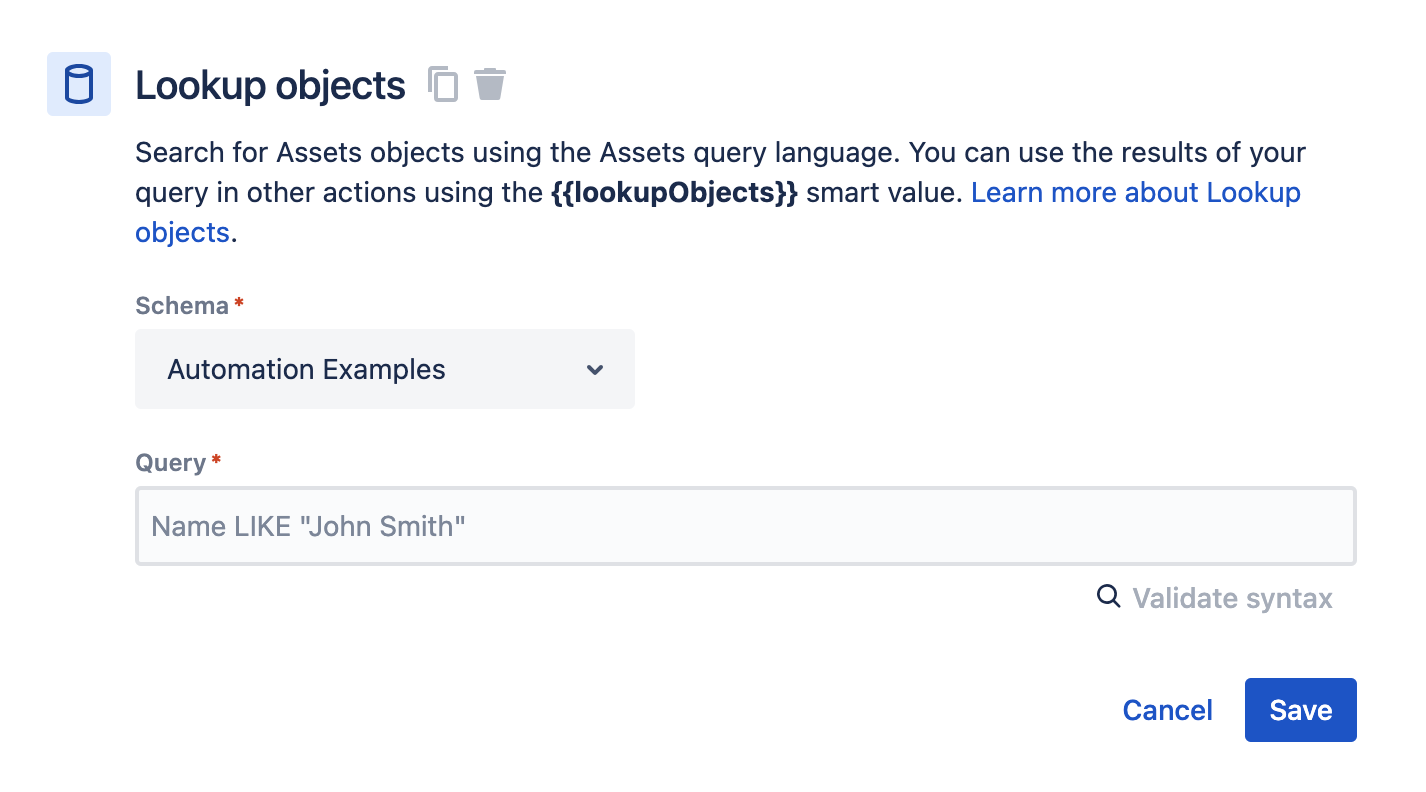 Screenshot showing the how to look up objects using Assets automation 