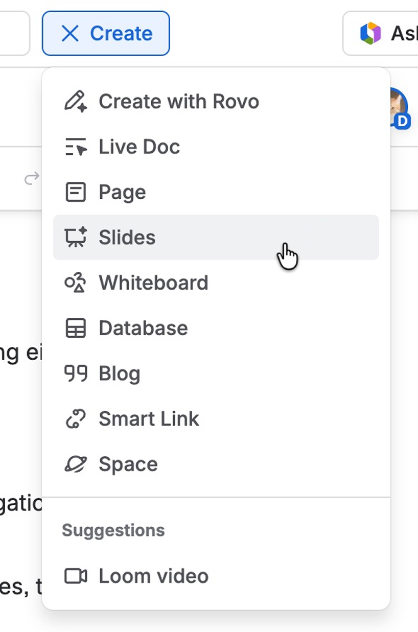 The Create menu with Slides highlighted.