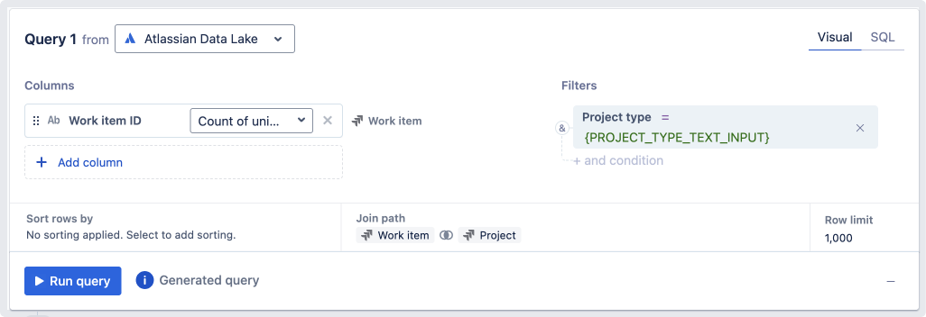 Using a Text input control to filter the Project Type column in a visual mode query.