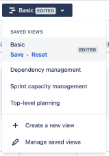 The dropdown menu that allows you to Save as new view in Advanced Roadmaps for Jira Software Cloud