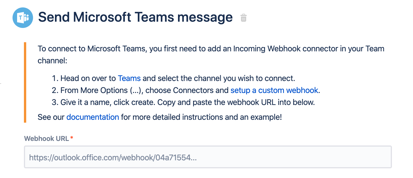 Screenshot of the "Send Microsoft Teams message" action. The "Webhook URL" field contains an "outlook.office.com" URL.