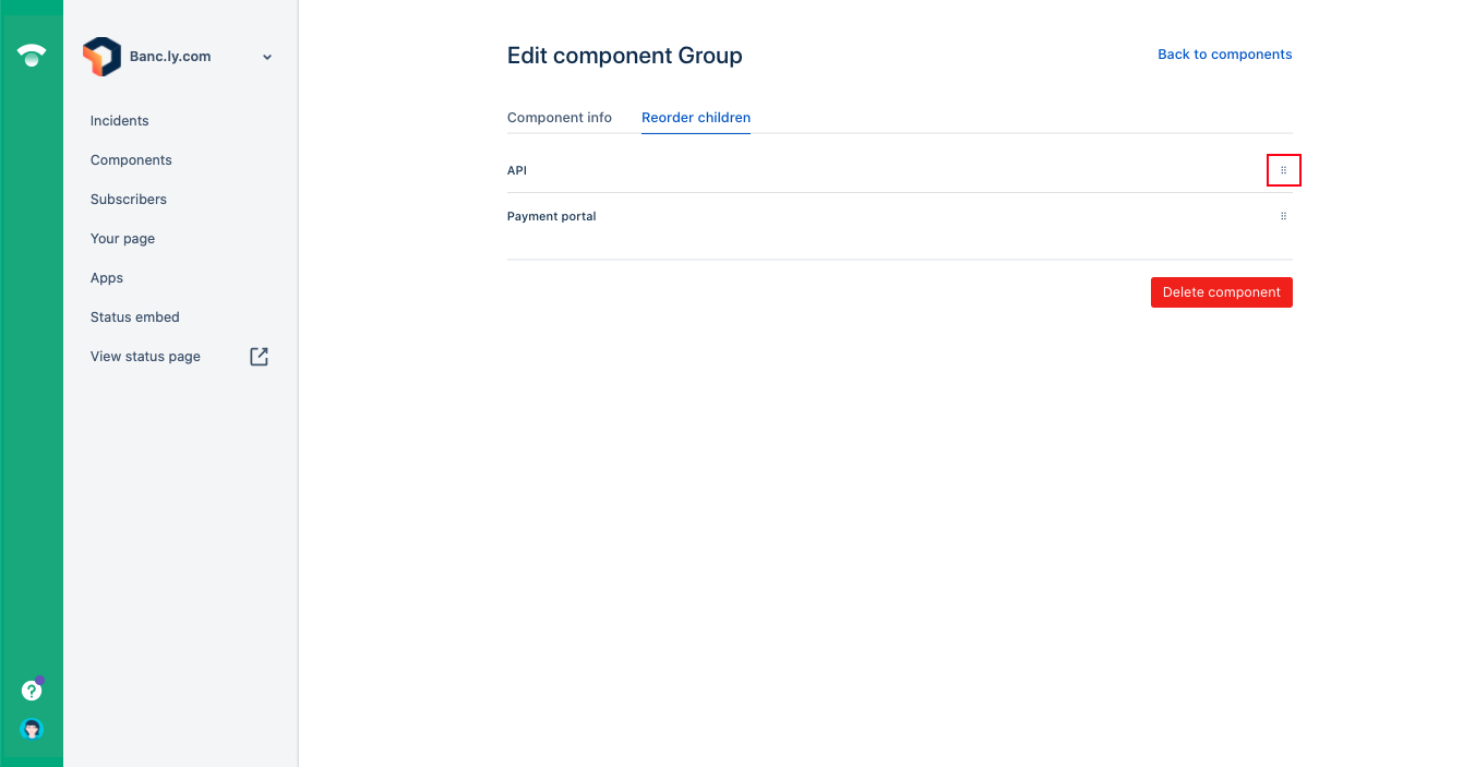 The edit component group page under the reorder children tab, showing the right-side icon to drag to reorder