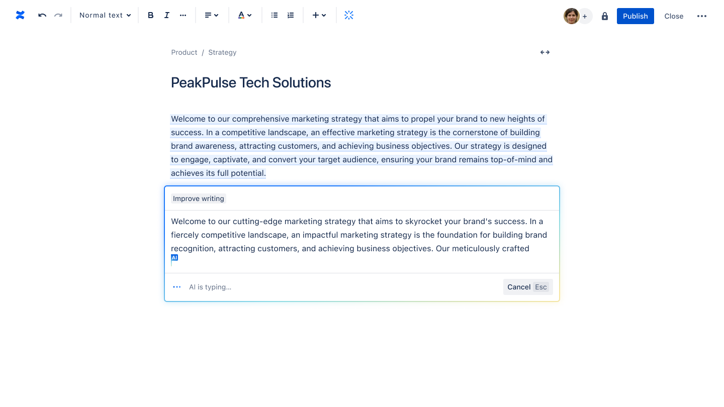 Using Atlassian Intelligence to change the tone of a piece of content