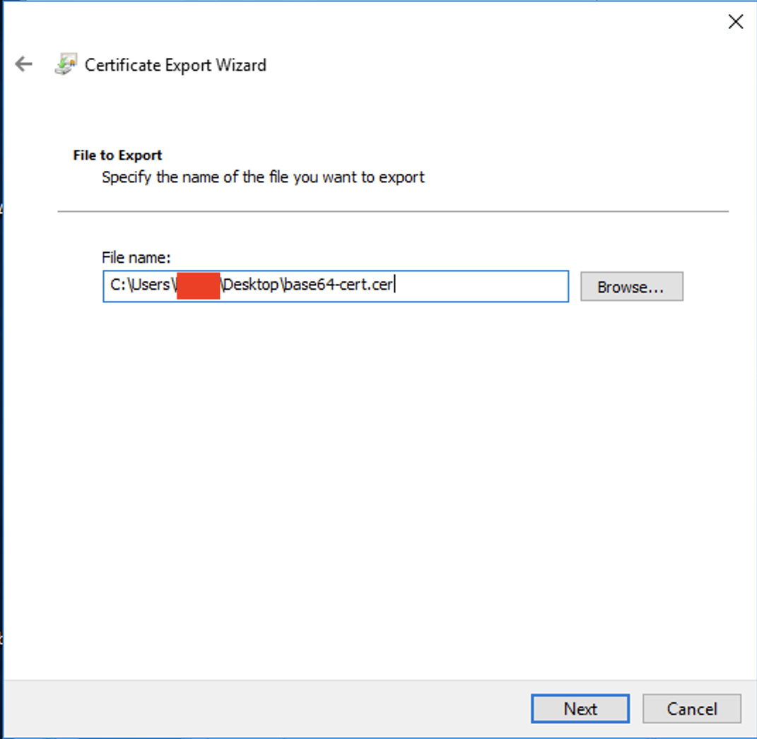 File to export screen with the file name and path you want to export, with a Browse button