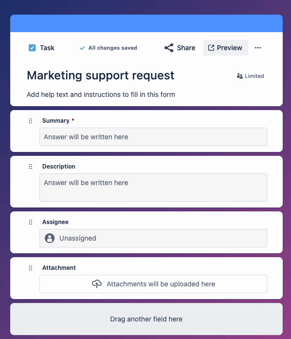 Sharing a Jira Work Management Form to help the marketing team receive work. 