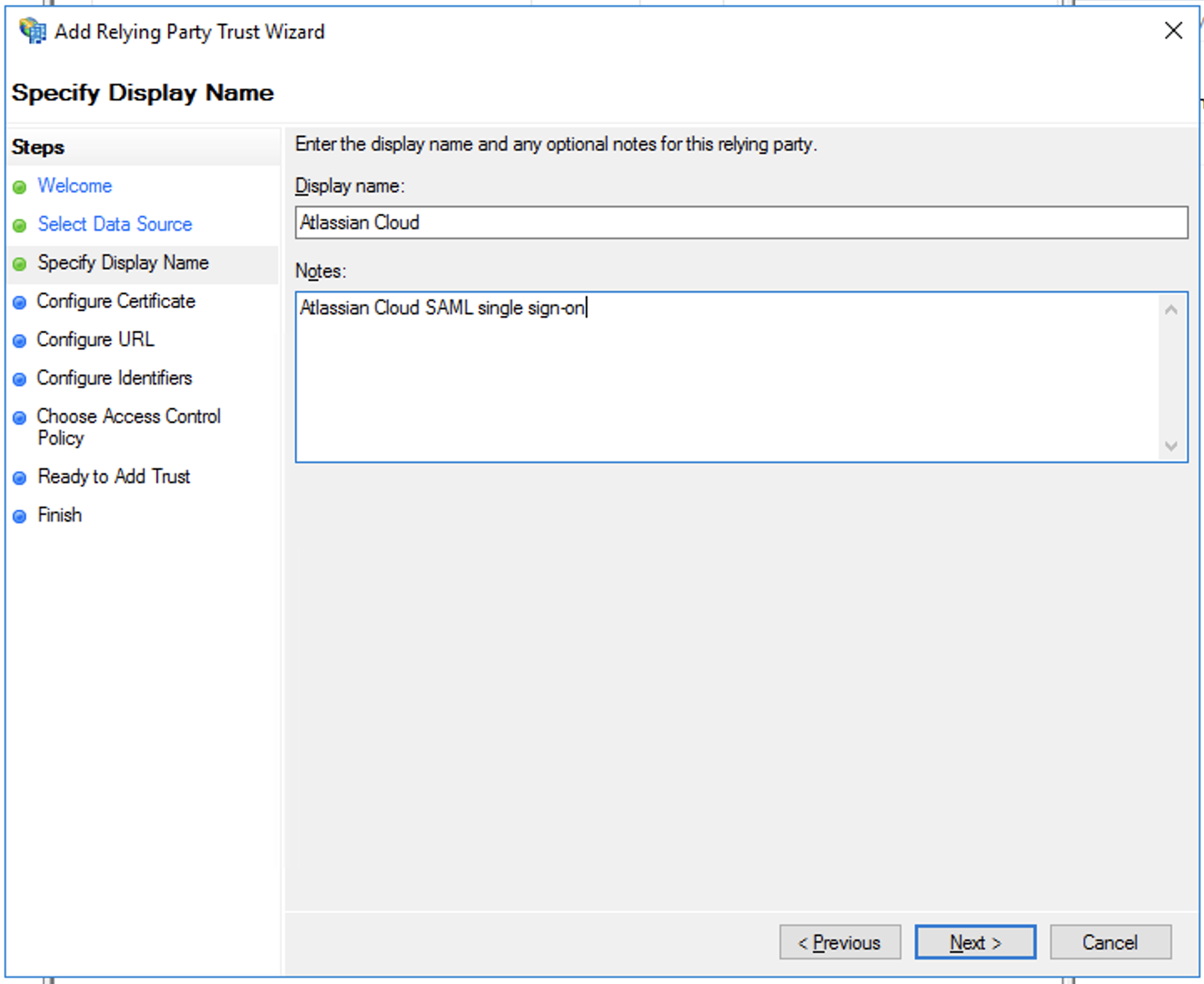 Add relying party trust wizard, specify display name step