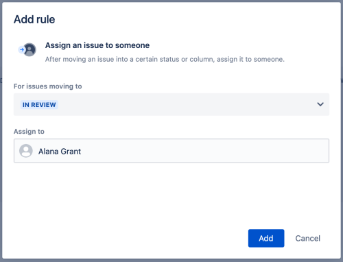 The Add rule screen. Setting up a new rule to automatically assign an issue to a user.