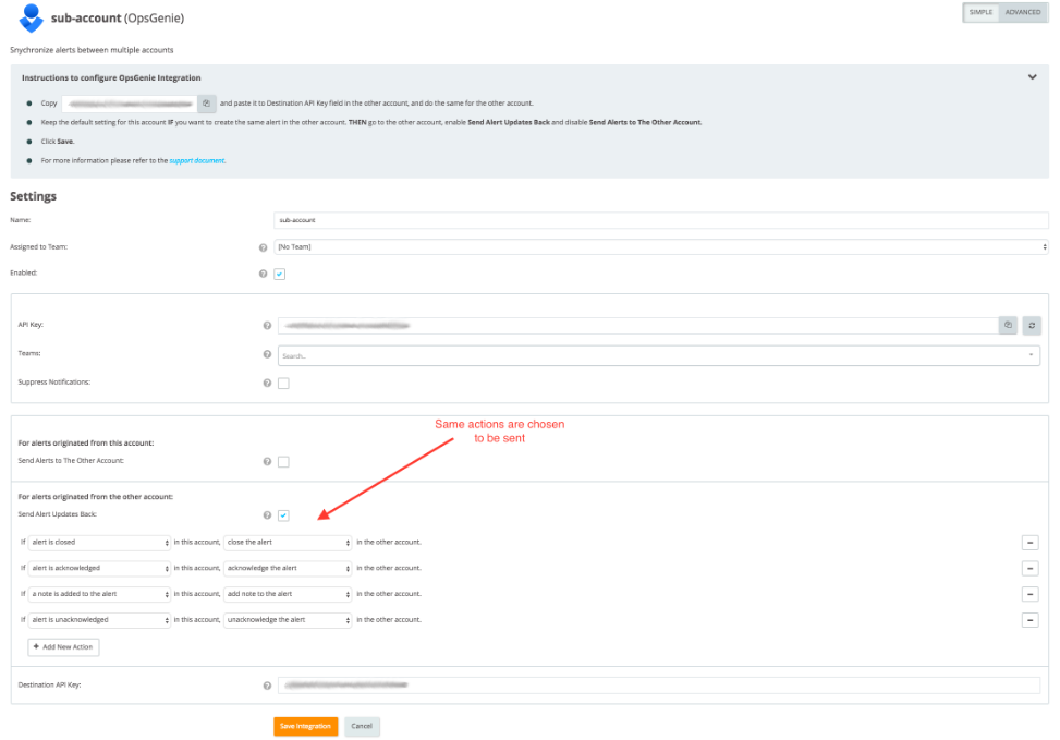 A screenshot showing how to execute actions in sub-account when integrating Opsgenie with another Opsgenie