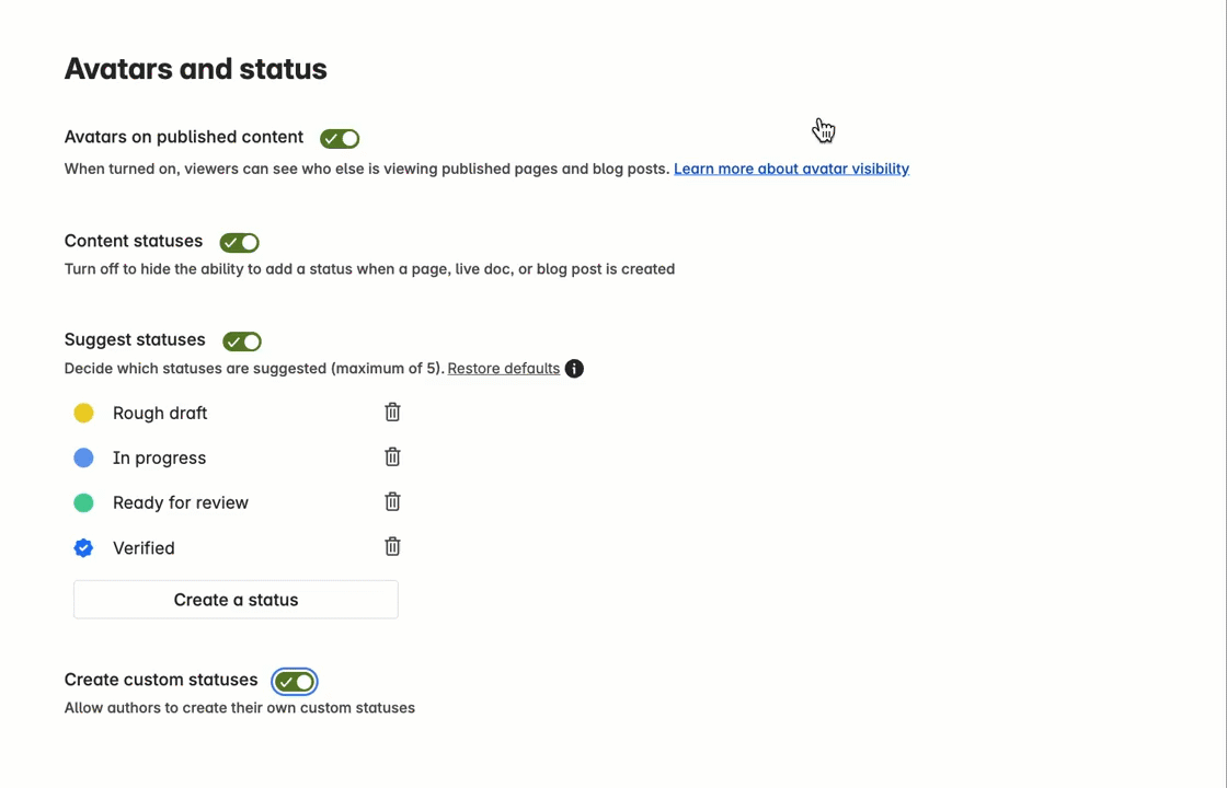 Space admins can control and configure settings for content statuses.