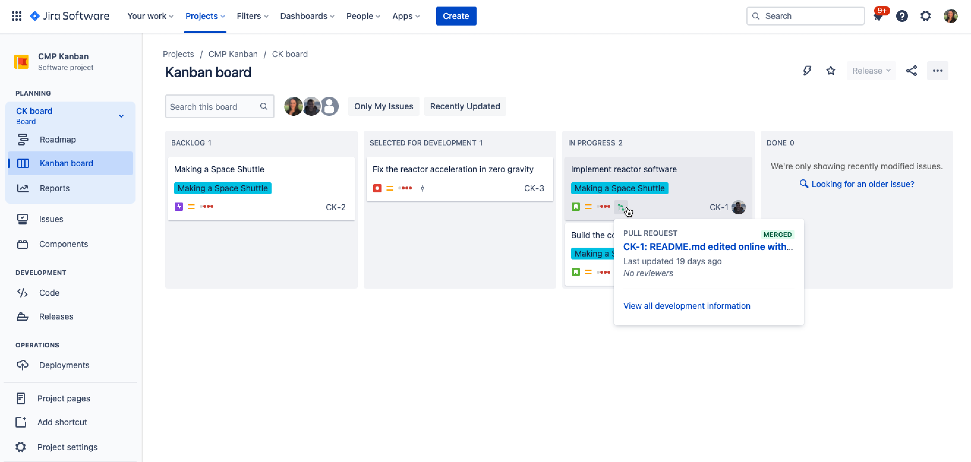 Development information linked to an issue on a company-managed Jira board