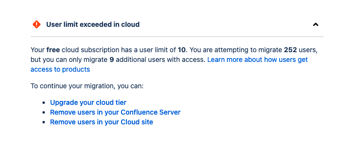 User limit exceeded pre-migration check in the cloud migration assistant.