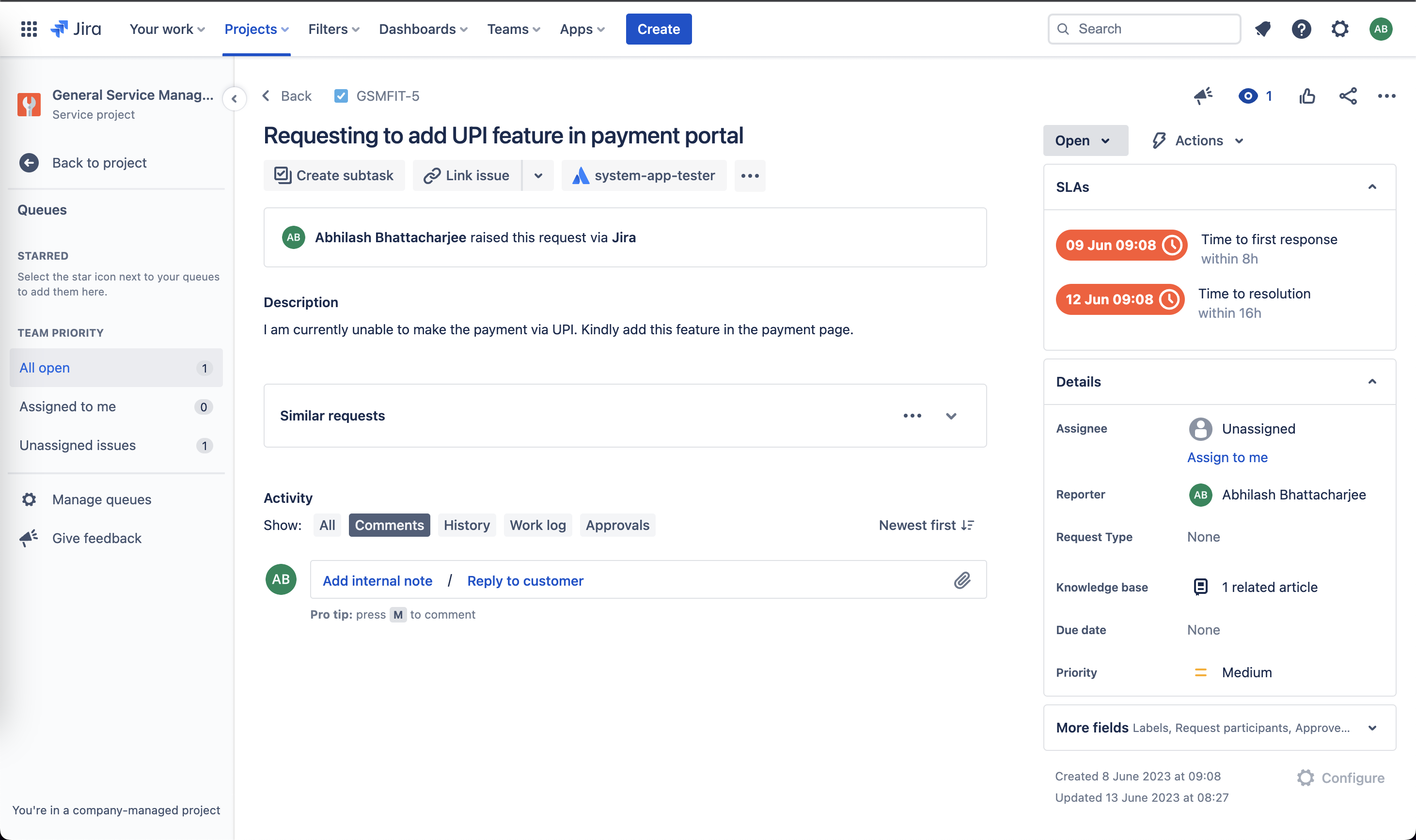 This image shows the Jira Service Management issue view.