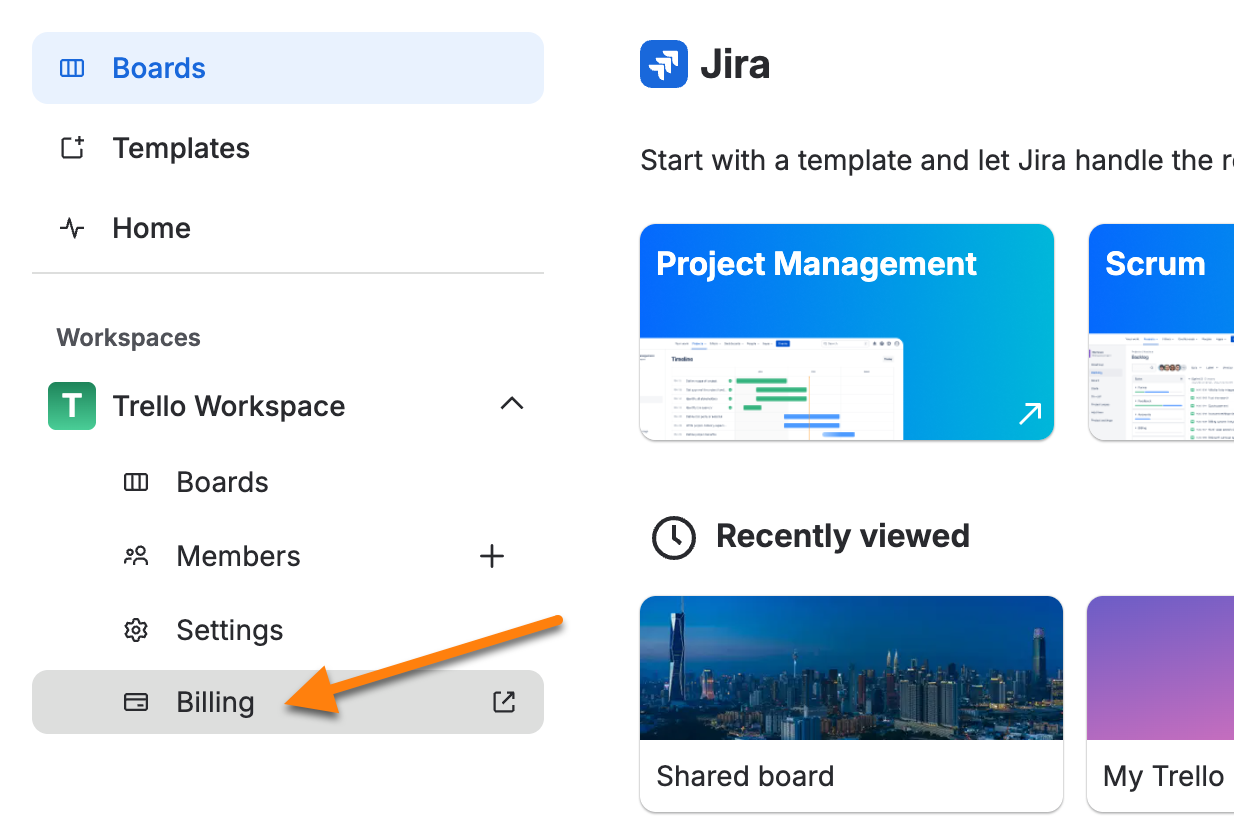 Access the Workspace billing page from the sidebar on the Trello home page.