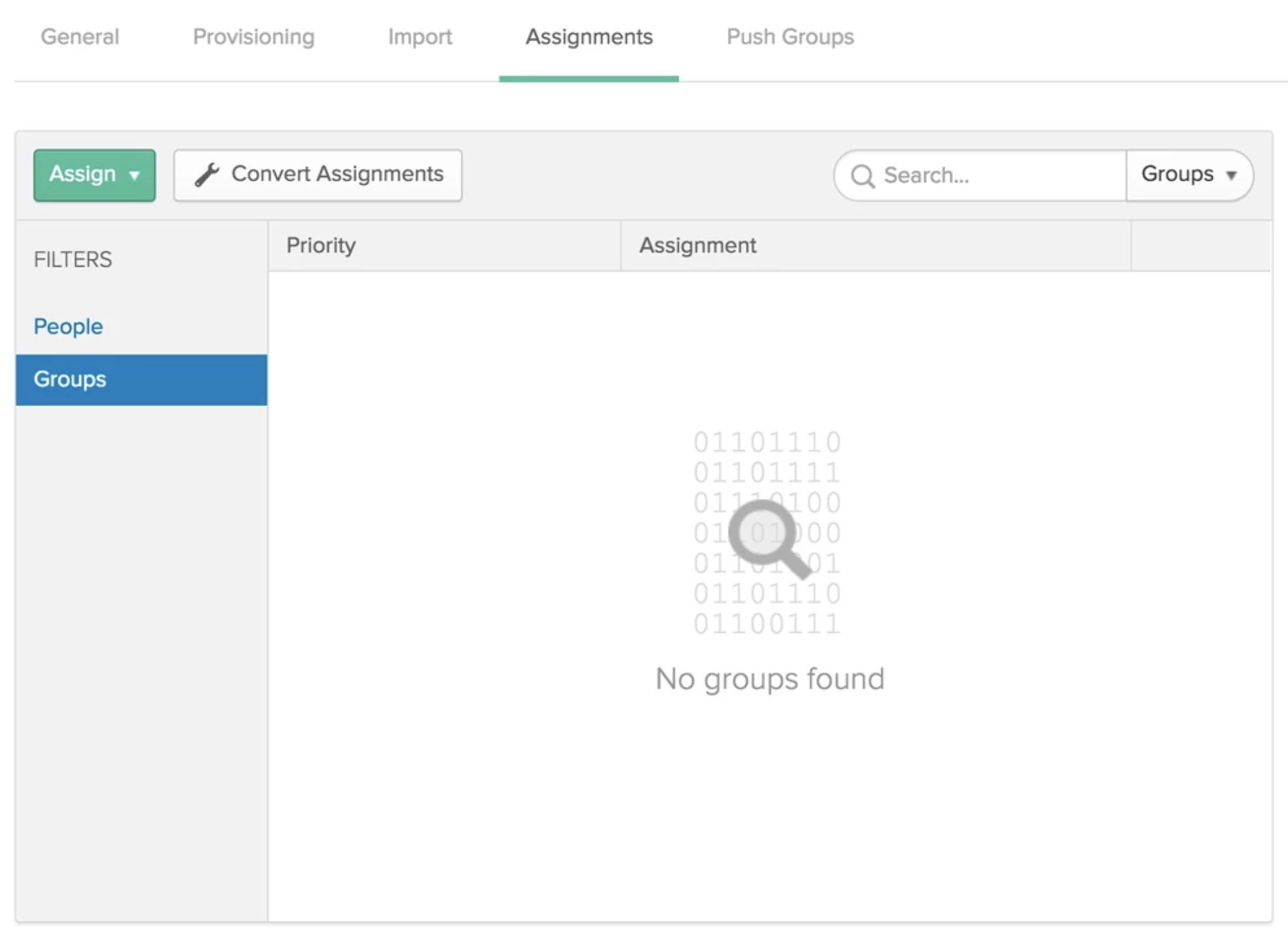 Assignment tab, Assign set to Groups. Empty list of groups, with priority and assignment columns.