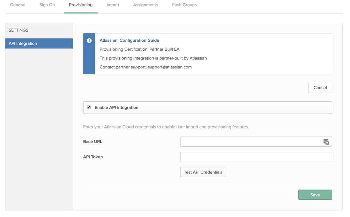 Enable API integration checkbox selected. Boxes to enter the Directory base URL and API key.