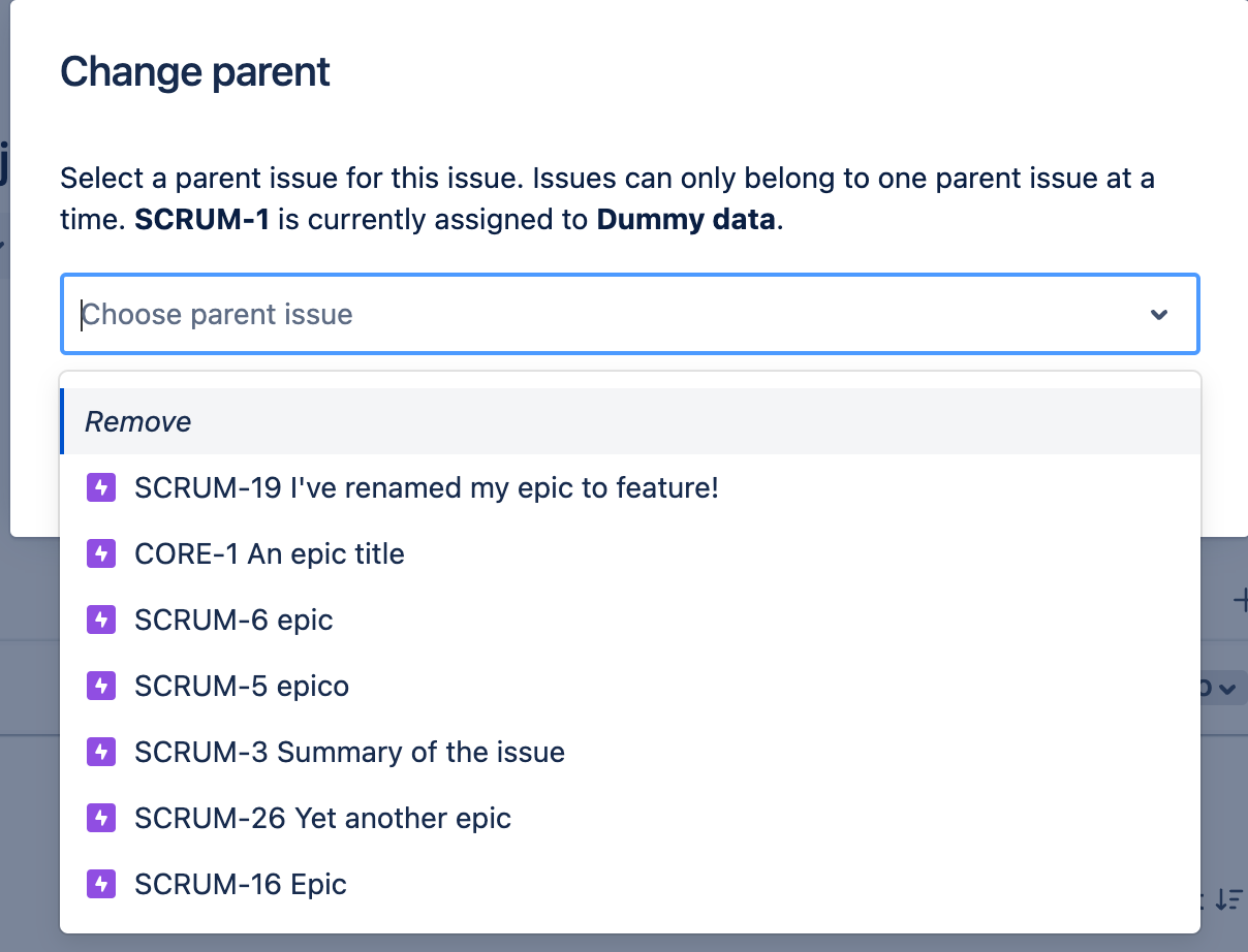 Change an issue’s parent via the more (…) menu, or by clicking View all in the breadcrumb