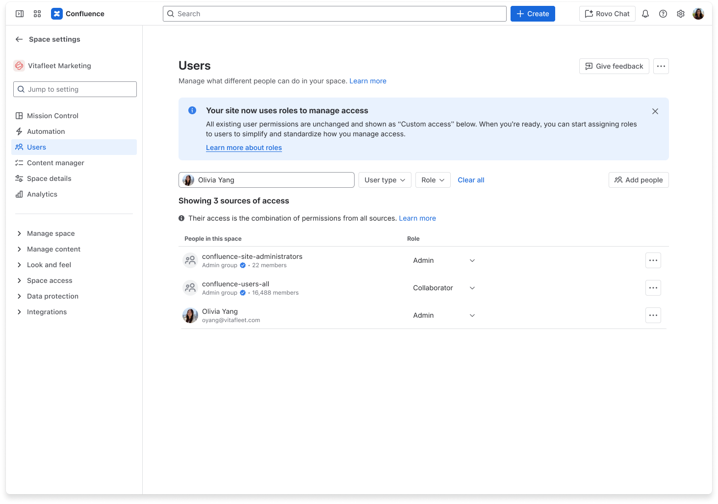 The users screen on Space settings