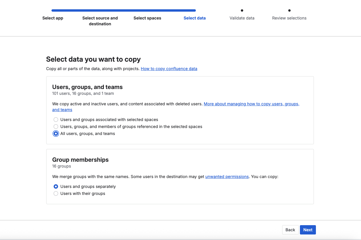 Selecting Confluence users, groups, and teams in a Confluence migration.