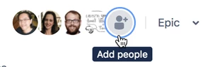 A cropped board, focused on the people avatars in a team. The mouse cursor hovers on a person + icon displaying "Add people"