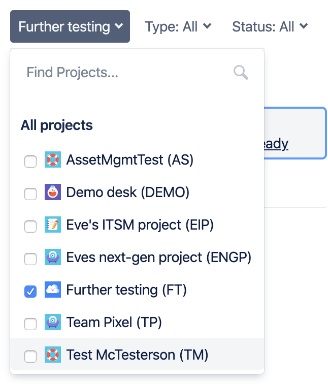 Project filter listing available projects