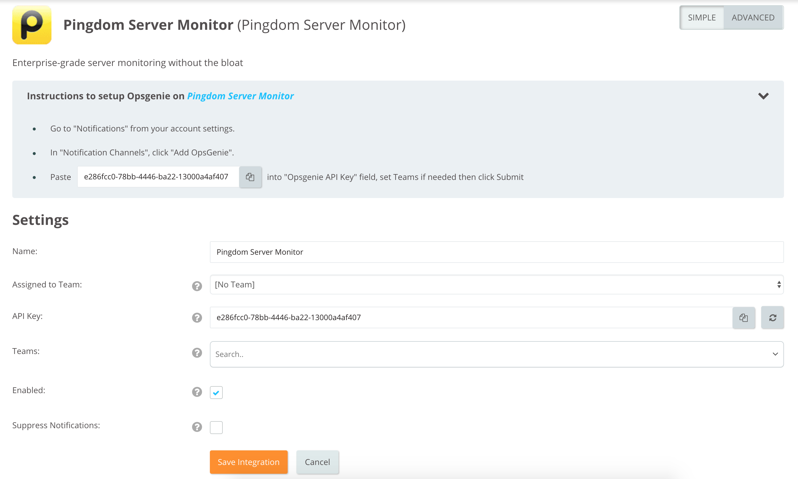 Pingdom server monitor integration