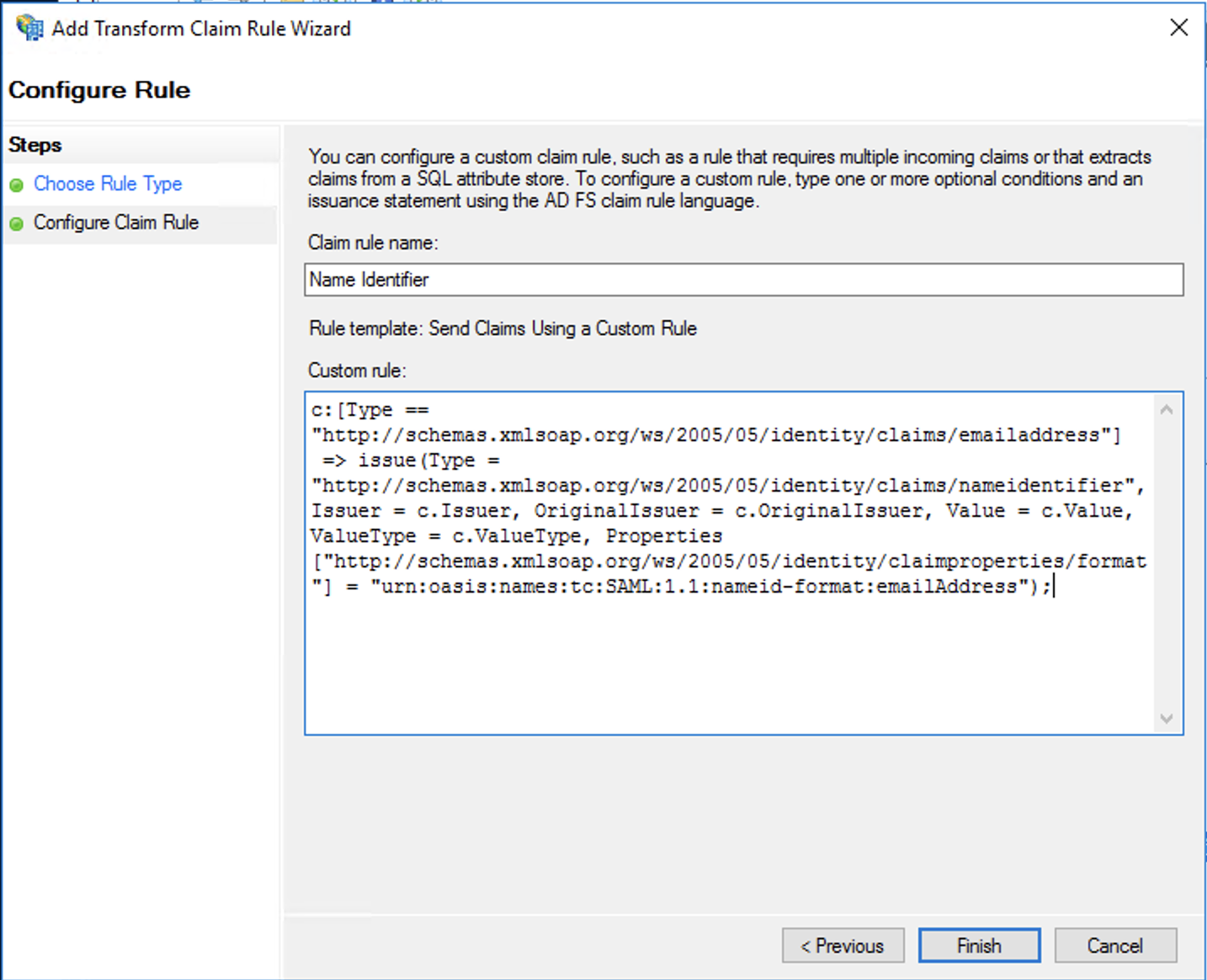 Add transform claim rule wizard, select rule template tab, choose rule type step