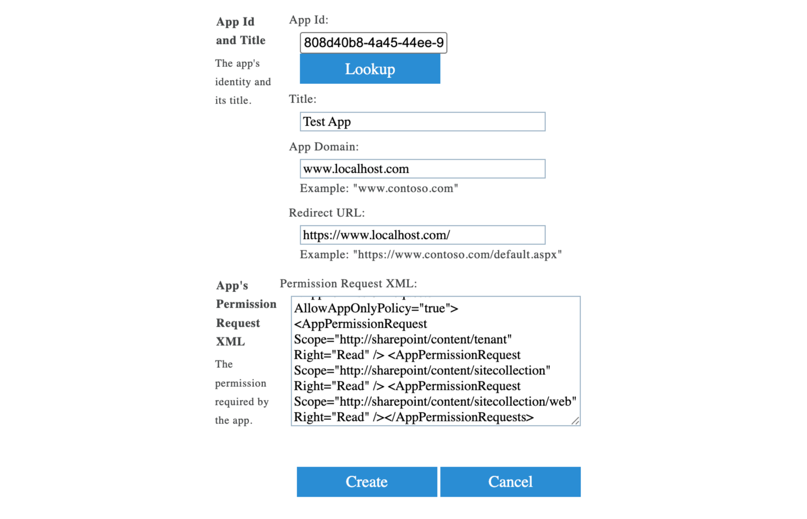 Screenshot of the form where you add the SharePoint permissions XML