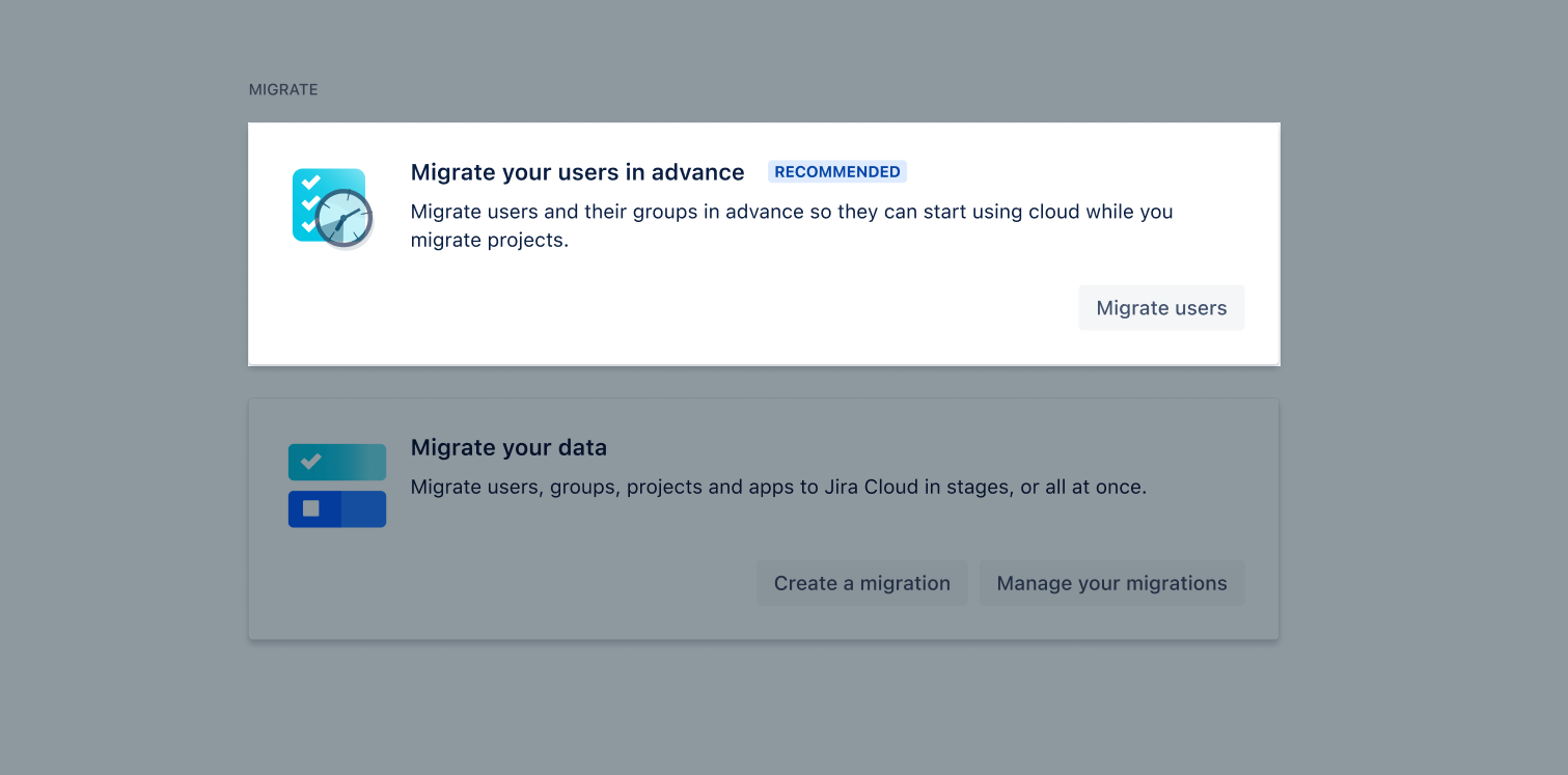 The Migrate your users in advance card on the home screen
