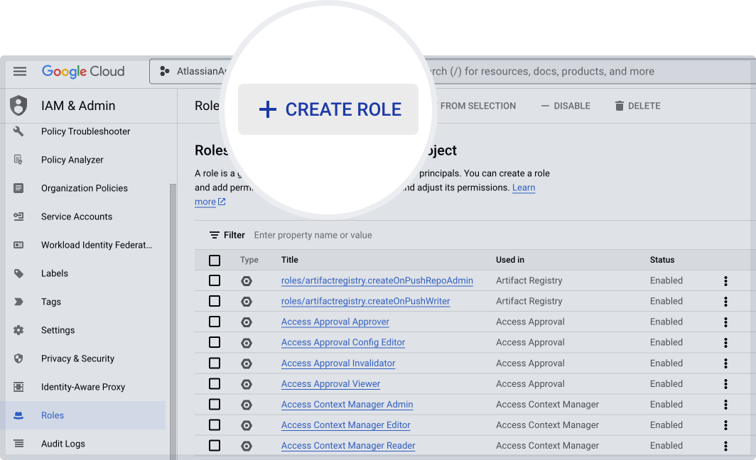 "Create role" button in the Roles page of Google Cloud Platform