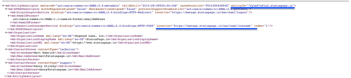 screenshot of SAML metadata
