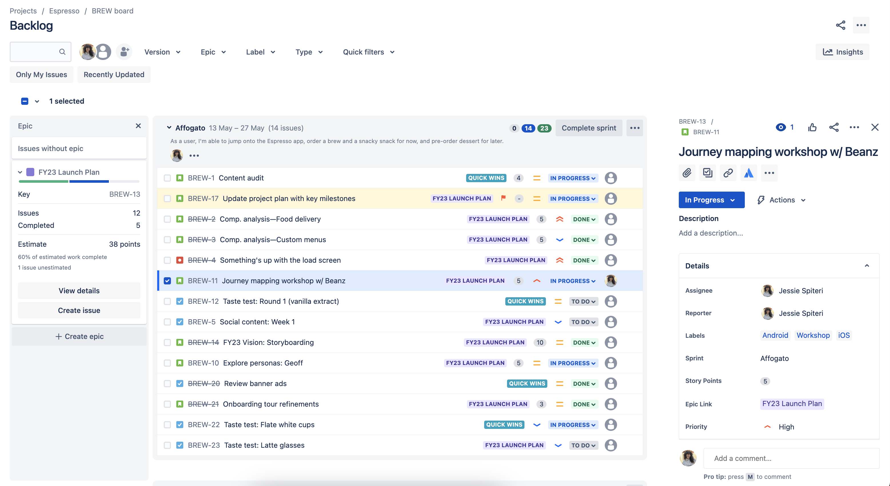 Screenshot of a scrum backlog in Jira Software Cloud, showing issues in a current sprint and the backlog.