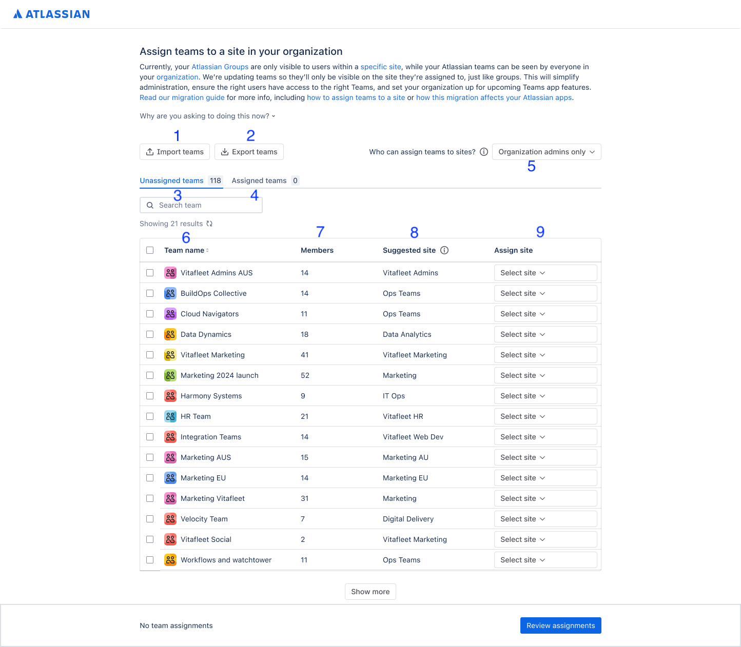 Team selection screen with numbers pointing to different parts of the page.