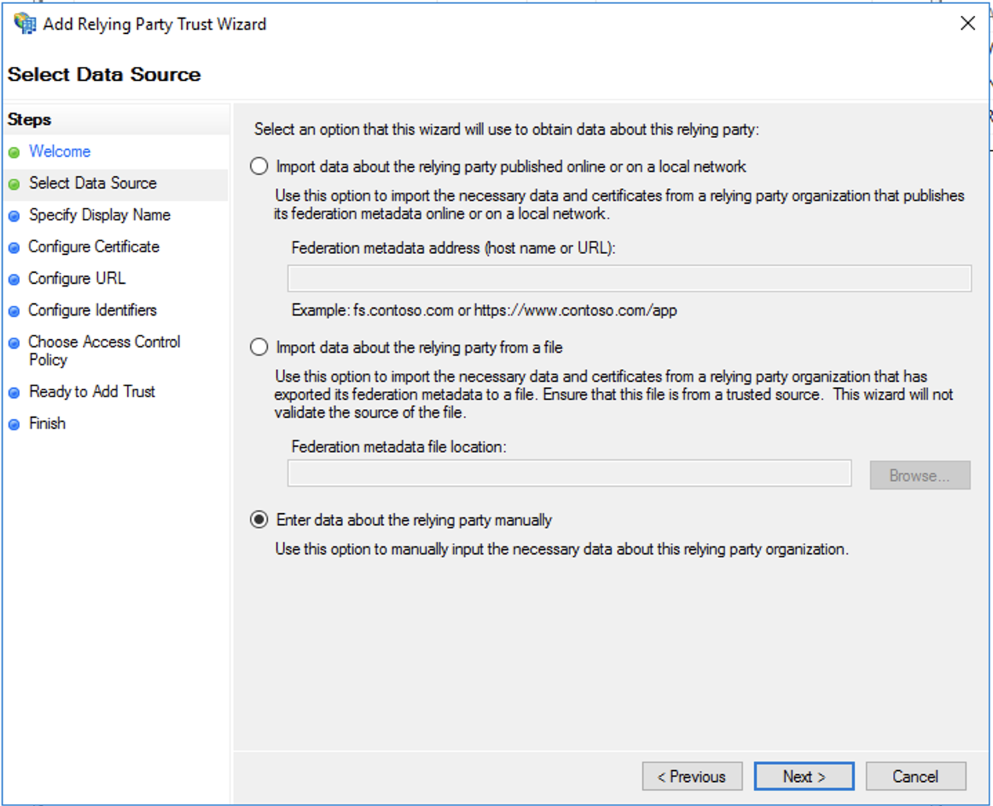 Add relying party trust wizard, select data source step