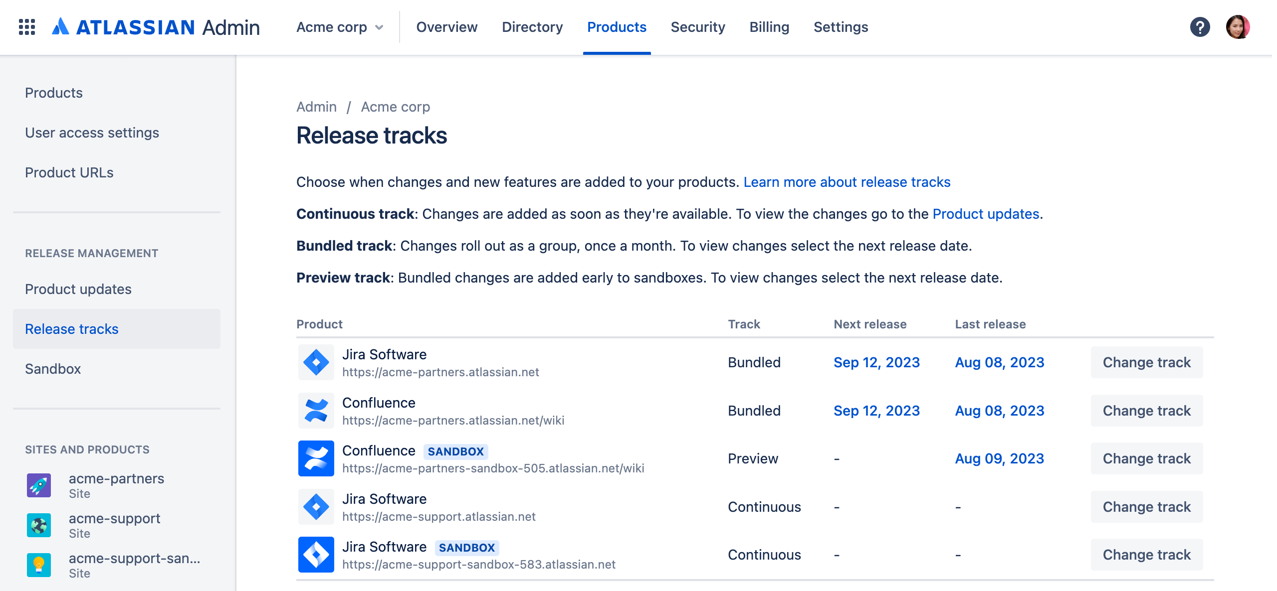 Release tracks screen under the product navigation