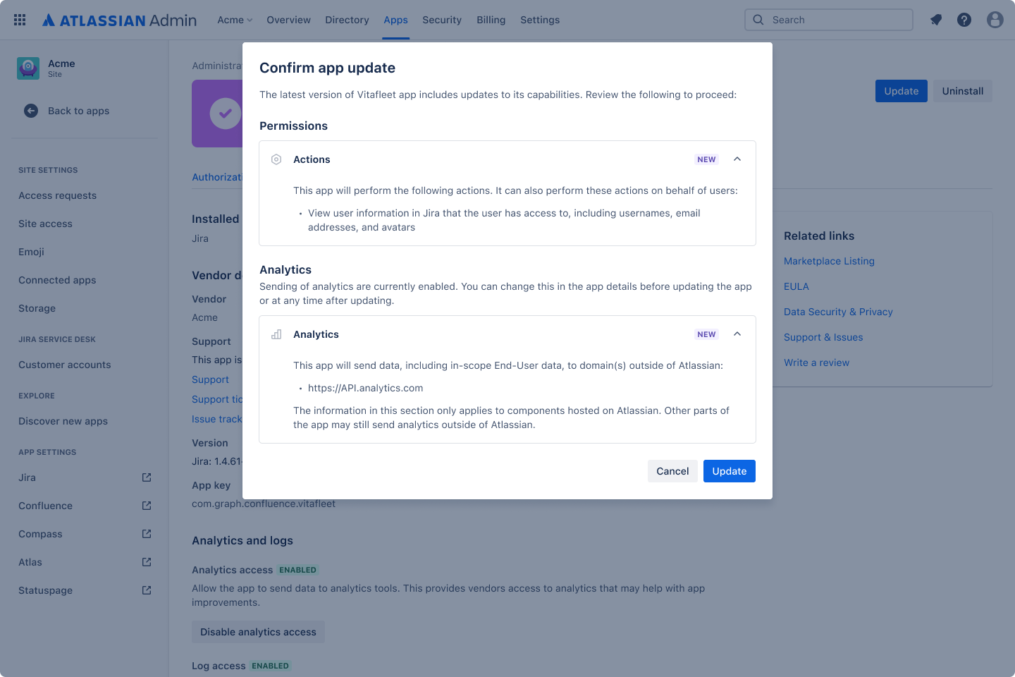 Modal to confirm app update