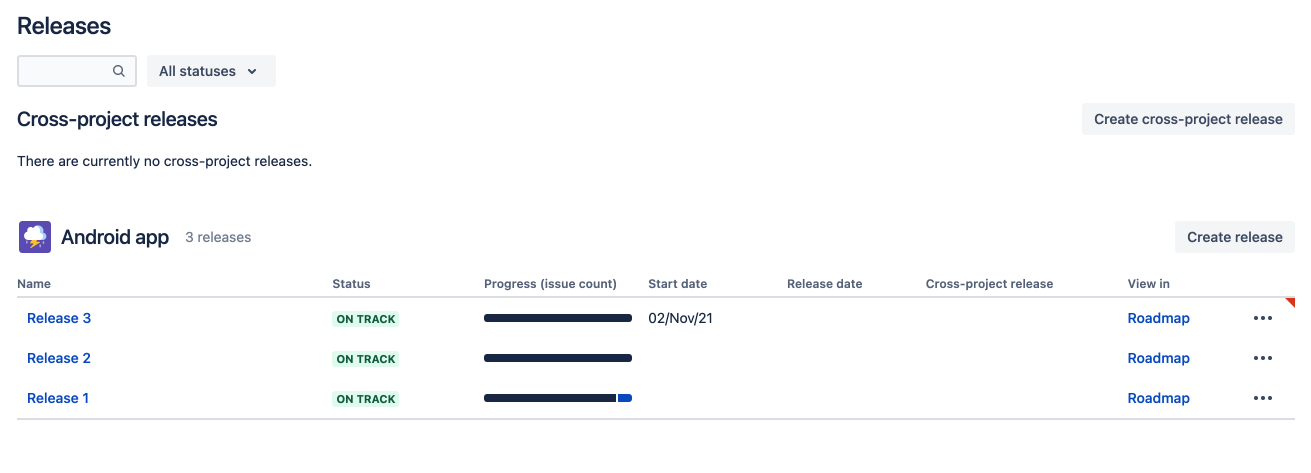 The releases view, showing a table of Jira Software fix versions, their status, and other release metadata