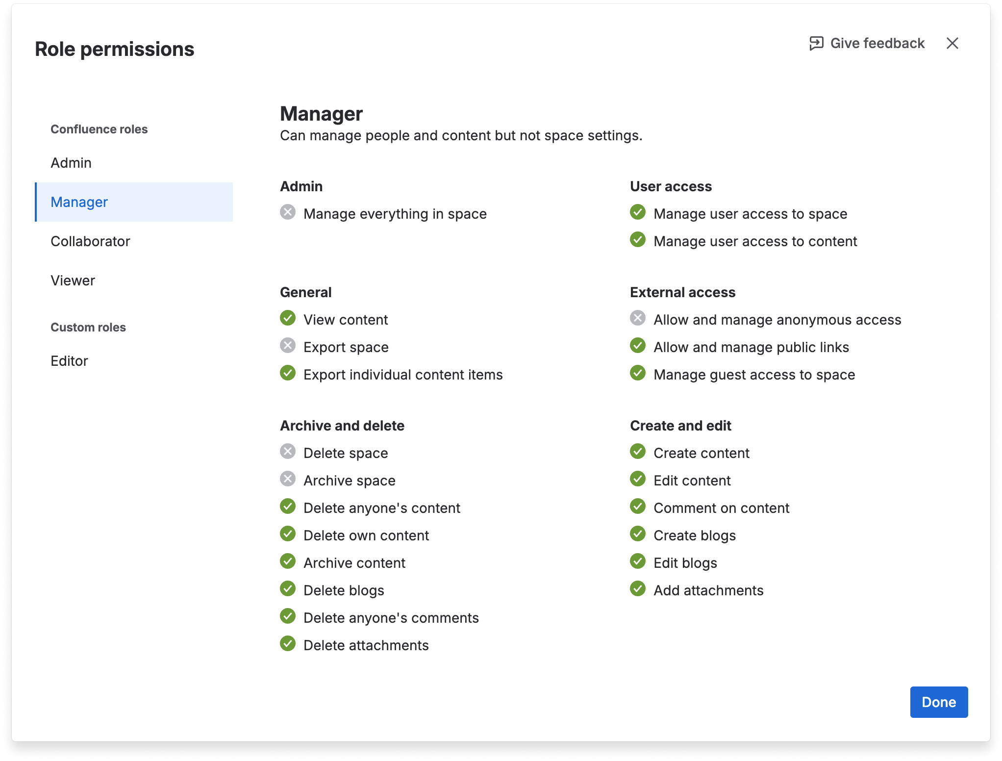 A view of permissions included in the Manager role