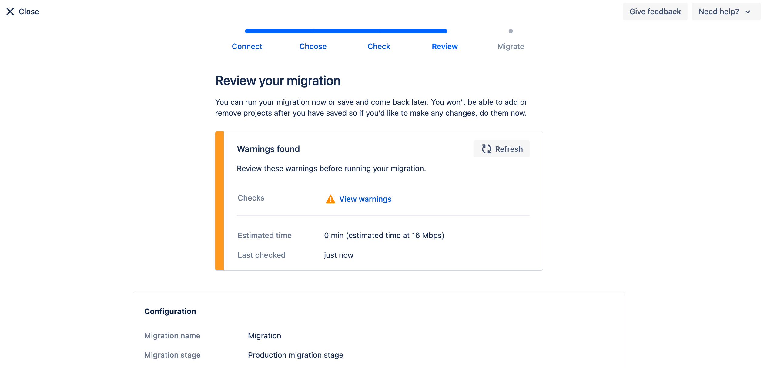 Details of a migration plan shown on the "Review your migration" screen.