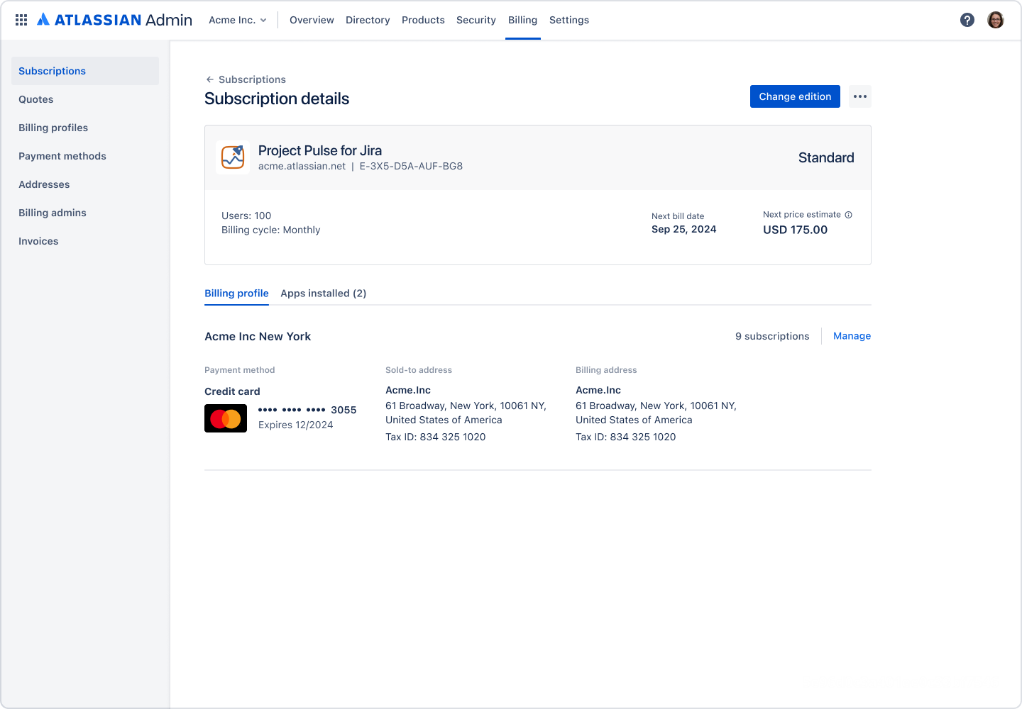 Screen showing billing details and button to change edition