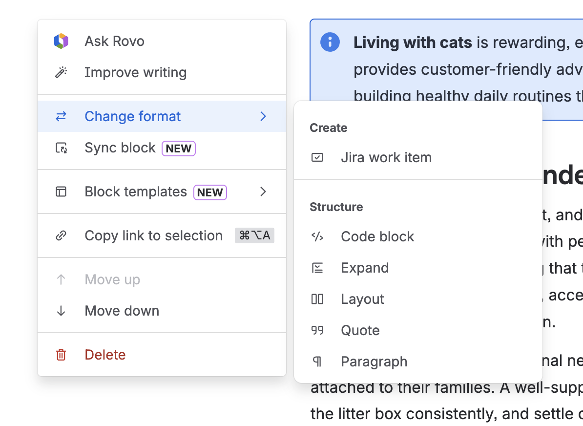 A view of the block menu open with the Turn into option selected and a submenu open.