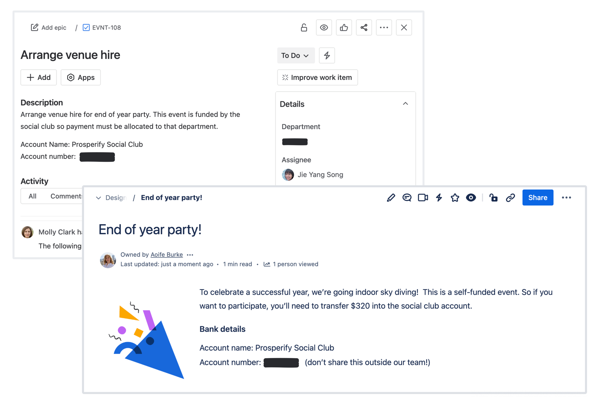 銀行口座番号の箇所に黒いバーが表示された Jira タスクと Confluence ページ