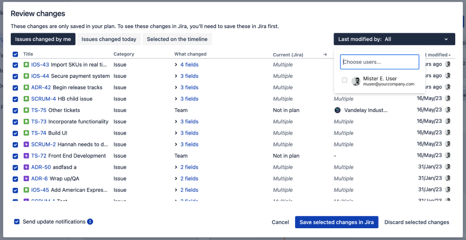 Filter issues based on who made them in the Review Changes modal of Advanced Roadmaps for Jira Software Cloud