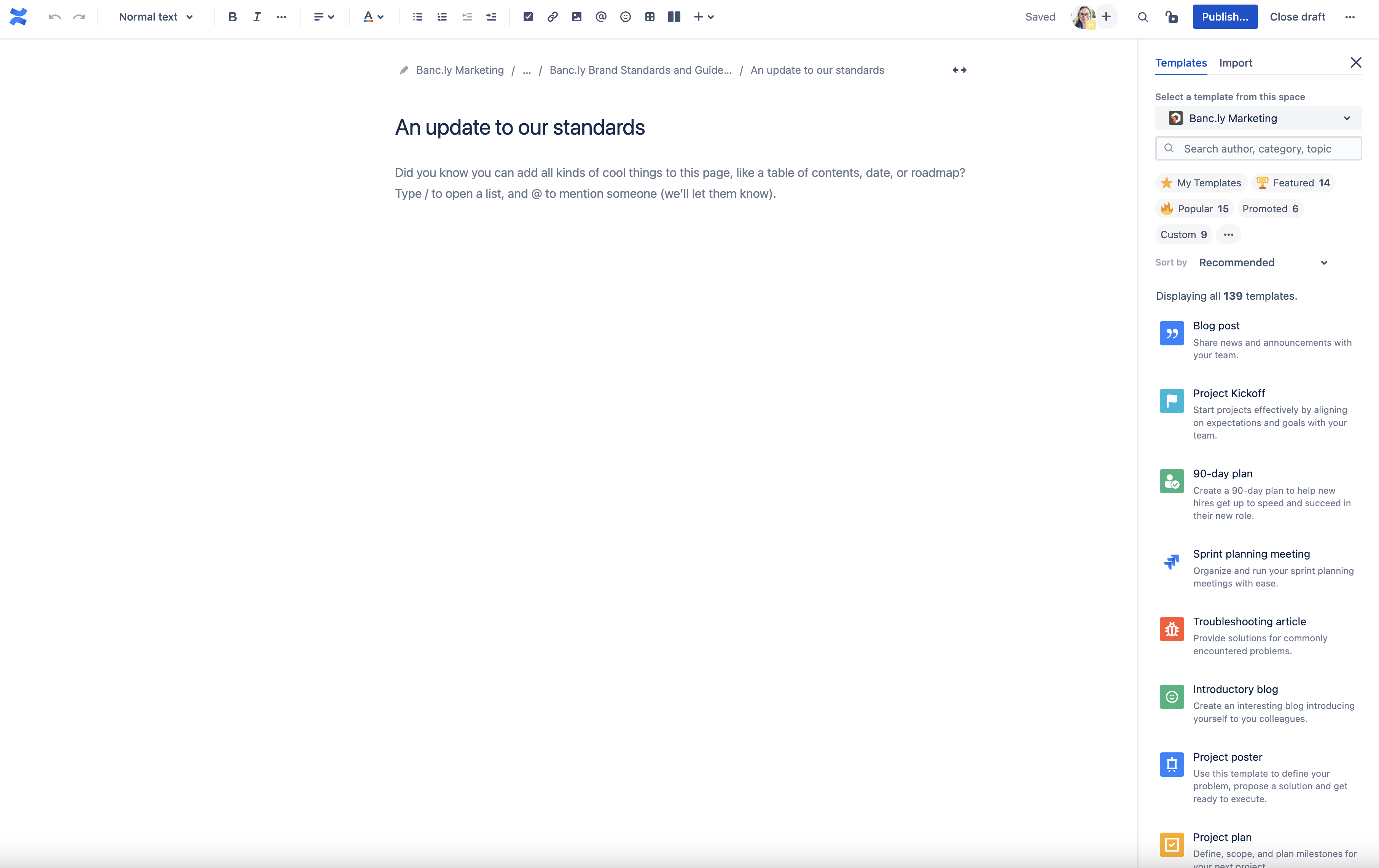Preview of a template in Confluence Cloud