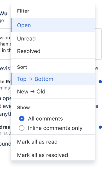 A view of the filter and sort menu in the comments panel